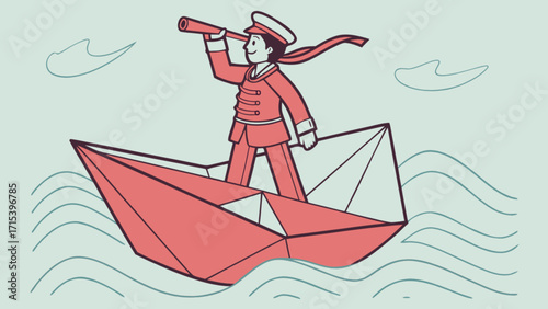 Illustration of a captain sailing in a paper boat with a telescope, nautical adventure concept art