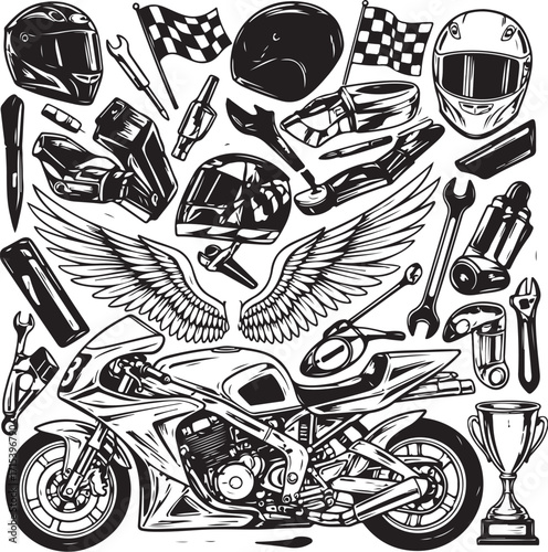Motorcycle racing elements hand drawn sketch silhouette