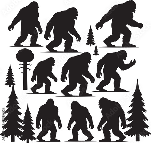 Bigfoot silhouettes set forest creatures silhouette