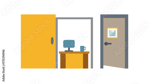 Illustration of office interior with doors, desk, computer and mug for design and decoration
