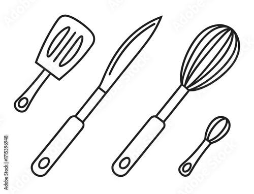 Kitchen utensils outline illustration with spatula knife whisk and measuring spoon