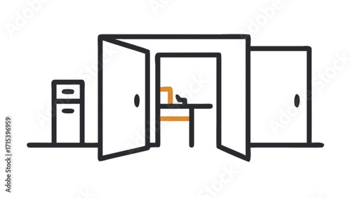 Office interior design open doors vector illustration workspace furniture cabinet minimalist style concept