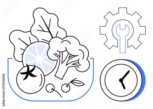 Bowl of vegetables including broccoli, tomatoes, citrus slice, surrounded by clock and gear. Ideal for healthy eating, food preparation, time management, sustainable practices, meal planning