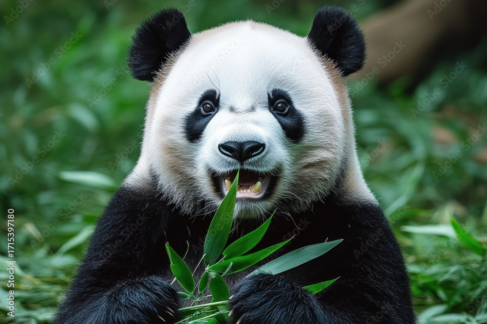 Obraz premium close-up of a giant panda holding and eating fresh green bamboo leaves in a natural green habitat