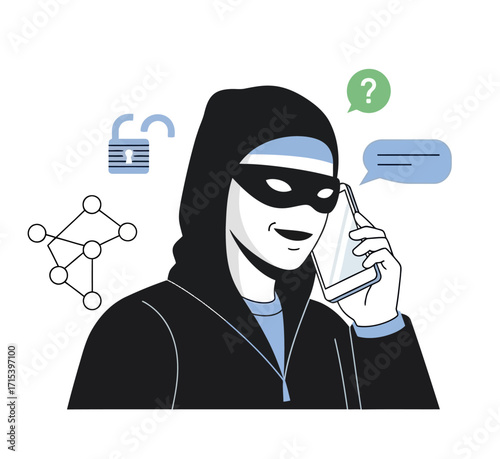 A masked hacker in a hoodie making a phone call, with network and security icons, illustrating cybercrime or a scam.