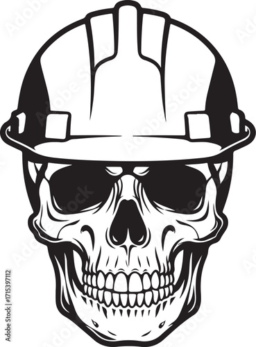 Skull wearing hard hat emblem silhouette