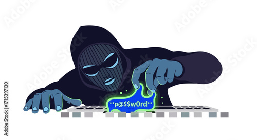 A hooded figure hacking a computer system, stealing a password.