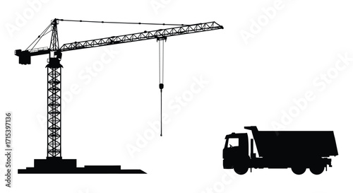 Black and white illustration featuring a tower crane and dump truck