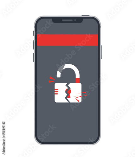 A smartphone displaying a cracked, unlocked padlock icon, symbolizing a security breach or compromised access.