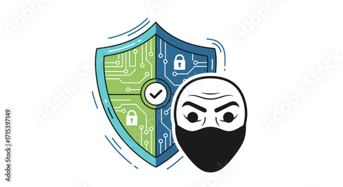 Illustration of digital security, data protection, and cyber threats with a shield and masked hacker.