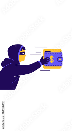 Illustration of a thief in a hood stealing a wallet with a dollar sign.