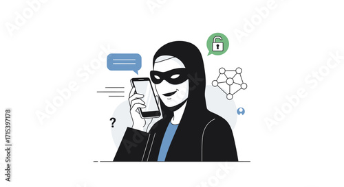 Cartoon of a hacker on the phone with a mask on.