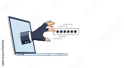 A hacker's gloved hand emerges from a laptop screen to steal a password, symbolizing a cyber attack.