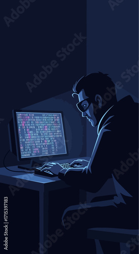 A programmer wearing glasses intently types on a keyboard in a dimly lit room, illuminated by the glow of a computer screen displaying lines of code.