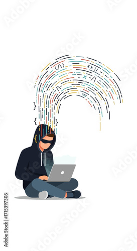 A vector illustration of a hooded hacker or programmer coding on a laptop, with colorful lines of code flowing from their head.