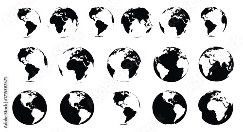 Set of black and white globe silhouettes in different perspectives, simple world map design for navigation and infographic concepts.