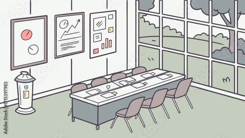 Illustration of modern conference room interior design with table chairs and window view office space