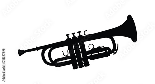 A simple black silhouette of a brass trumpet musical instrument