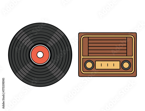 Retro media elements vintage record and radio illustration for nostalgia themes