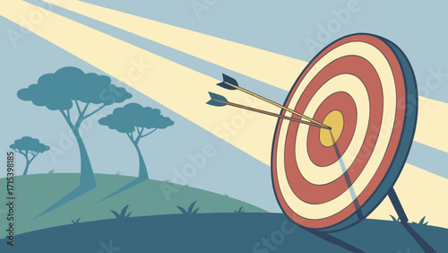 Target practice archery success with arrows hitting bullseye in outdoor nature landscape scene art