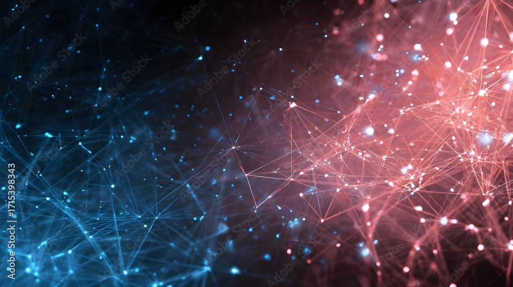 Obraz premium Abstract digital network with blue and red glowing lines and nodes on dark black background