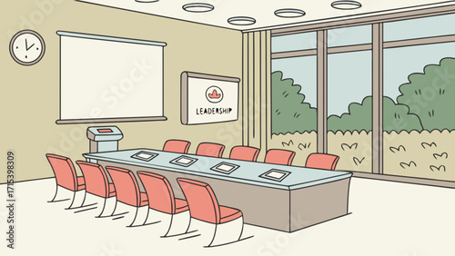 Conference room cartoon illustration for business meetings and leadership training presentations