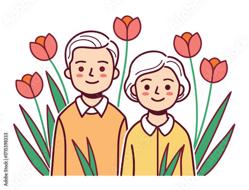 Cute cartoon illustration of elderly couple surrounded by tulips in a garden