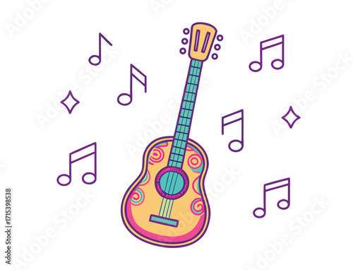 Colorful Guitar Surrounded by Music Notes on a White Background Illustration