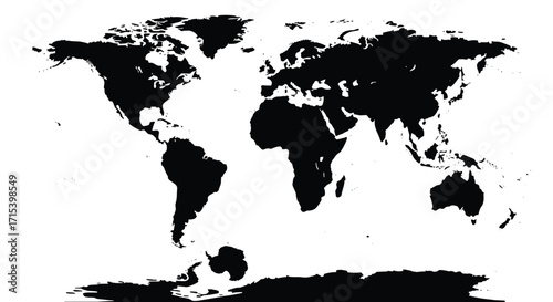 Black filled world map with sharp borders, flat vector illustration for geography, navigation, international studies, and global references.