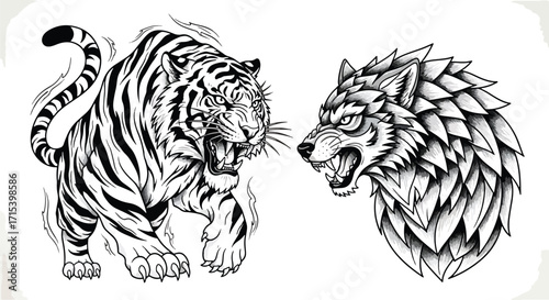 Black and white drawing of a roaring tiger facing a wolf head illustration, symbolizing conflict, strength, and wild nature expression.