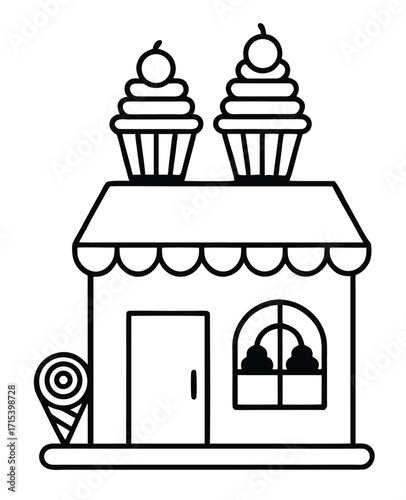 Black and white line art of a cute cupcake shop with sweets