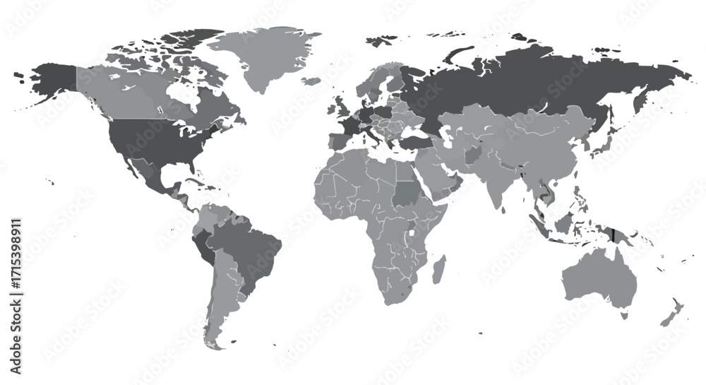 Naklejka premium World map shaded in gray with borders and regions highlighted, clean vector illustration for education, travel, and global infographic design.