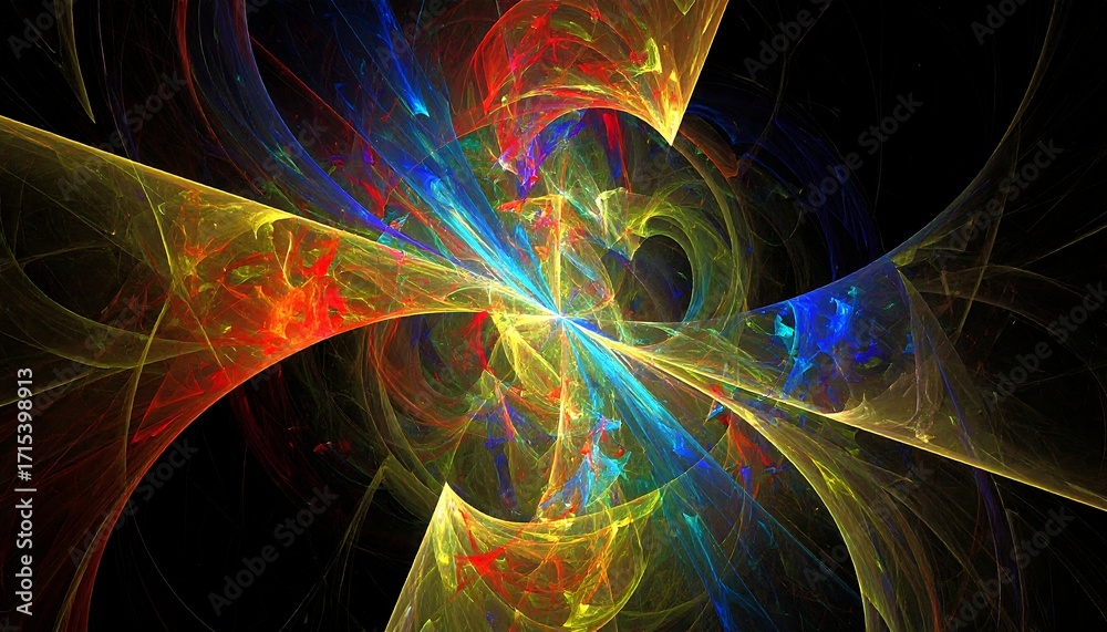 Obraz premium Vibrant, swirling fractal pattern with radiating lines of light, creating a dynamic and colorful composition against a black background