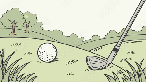 Golf ball and golf club on the green course for golfing sport and recreation activity outdoors illustration