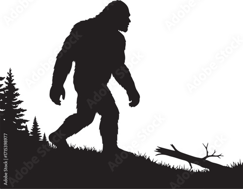 Bigfoot silhouette in forest landscape silhouette