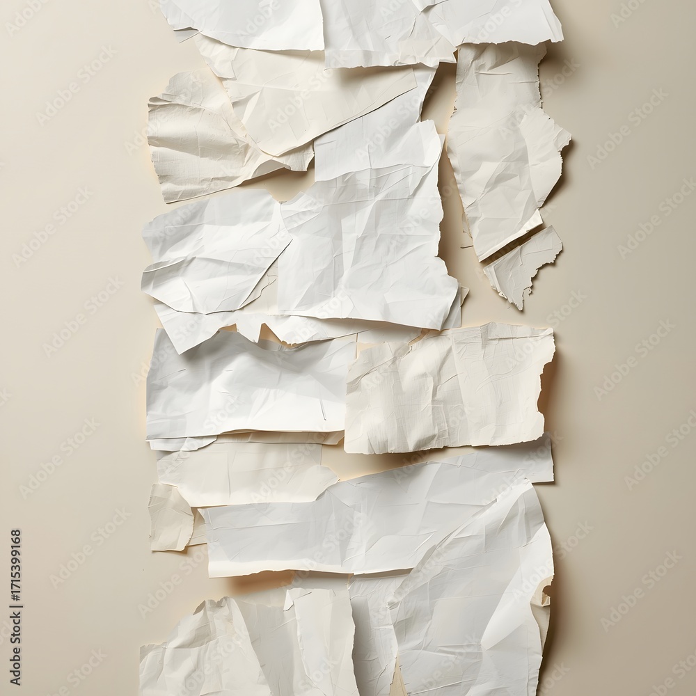 Fototapeta premium Closeup of torn textured white paper layers creating abstract background, perfect for creative design projects, modern backdrops, artistic textures, and unique wallpaper compositions