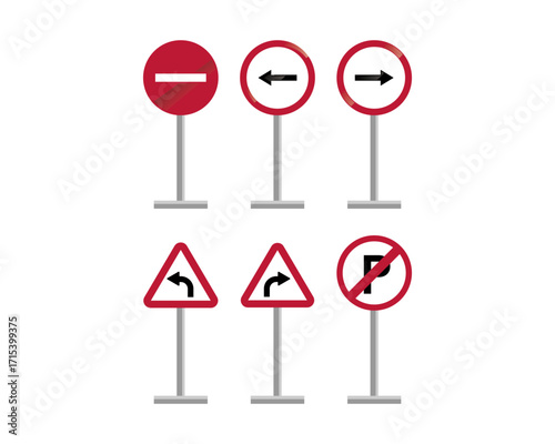 Flat vector illustration of six different road traffic signs displayed on poles with a white background. 