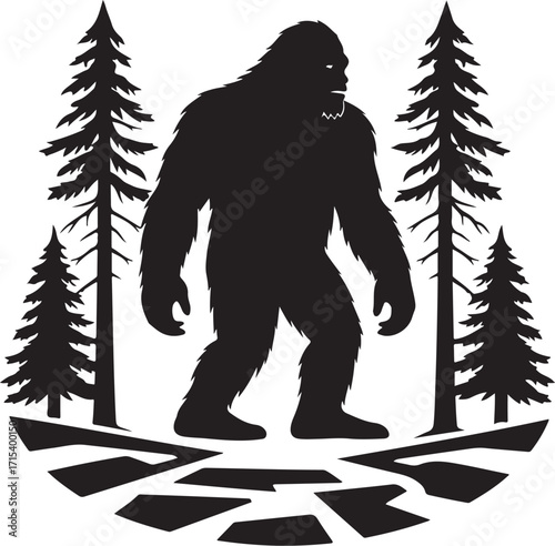 Silhouette bigfoot standing among tall trees silhouette