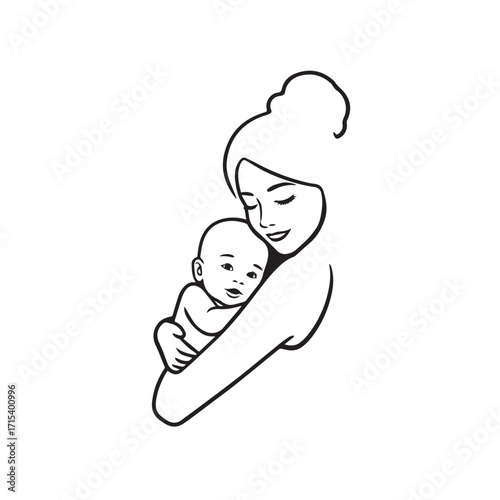 Black and white line art of a beautiful mother lovingly embracing her baby minimalist tender illustration