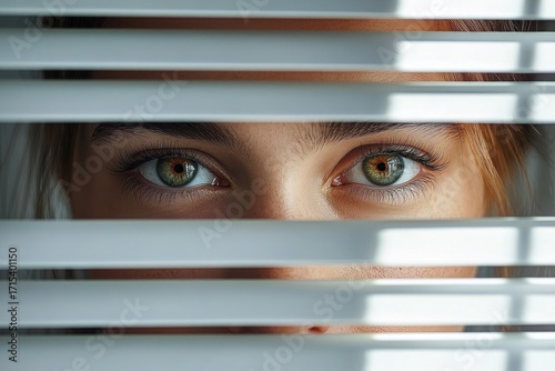 Close-up of green eyes peeking through white window blinds conveying curiosity and subtle intrigue