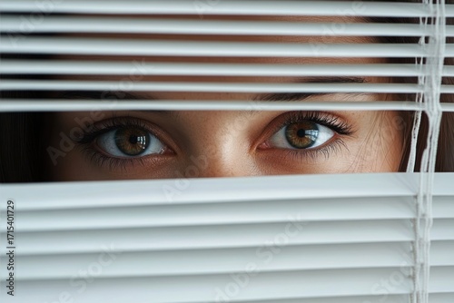 close-up of a person’s eyes peeking through partially open white window blinds with a curious and cautious expression