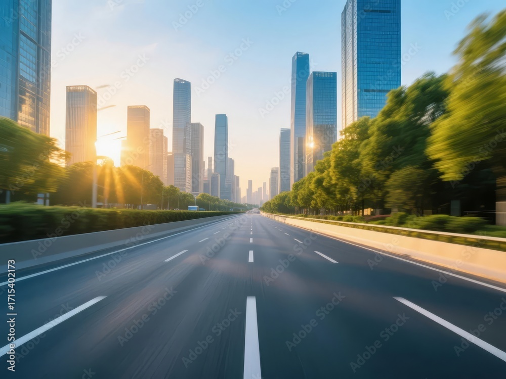 Obraz premium Wide urban highway stretching toward a modern city skyline at sunrise