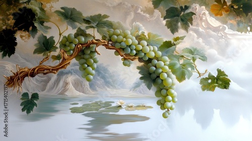 Grapevine branch with clusters of green grapes over a tranquil lake scene. © akhmadnur