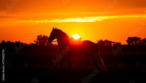 Sunset silhouette of equestrian figure on horseback,  farm,  outdoors