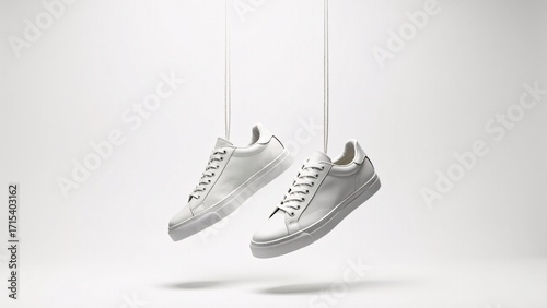 Two White Sneakers Hanging On Display