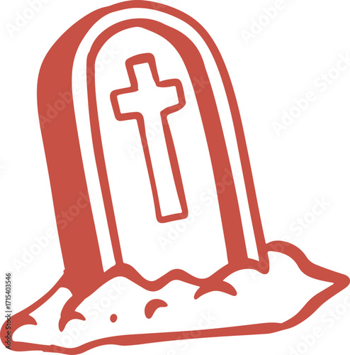 A simple, hand-drawn illustration of a tombstone with a cross, partially buried in the ground.
