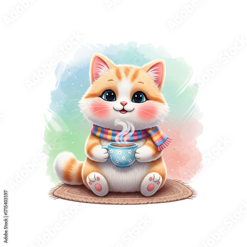 3D A smiling cat holding a cup of tea, watercolor cartoon style, soft brush strokes, gentle pastel colors, white background