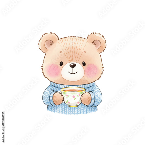 A smiling  little bear holding a cup of tea, watercolor cartoon style, soft brush strokes, gentle pastel colors, white background