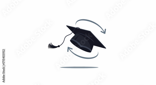 Floating Black Graduation Cap with Tassel and Rotation Arrows.