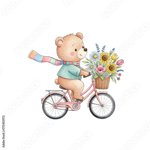 A little bear riding a bicycle with flowers in the basket, watercolor illustration, cartoon style, bright and cheerful, white background